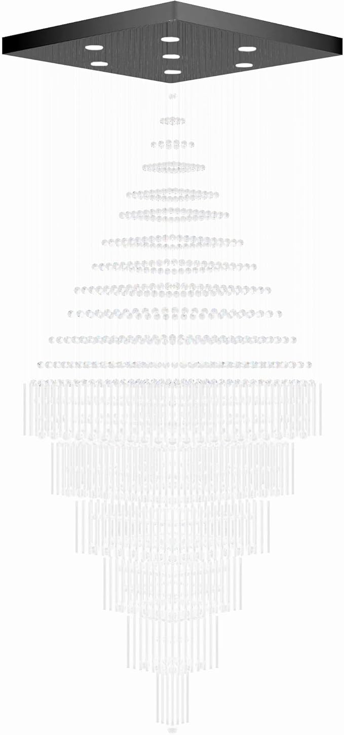 Flashing God D48''X H120'' Extra Large Chandeliers for High Ceilings Black Square Chandeliers Crystal Raindrop Chandelier for Villa Entrance Foyer LED Dimmable 2700K-6000K