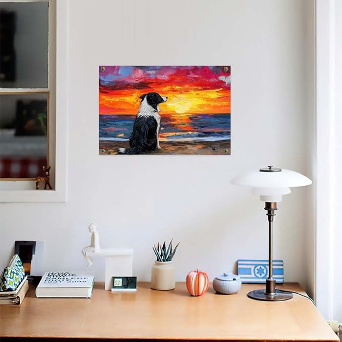Yesad Dog Wall Art, Border Collie Painting Sunset Beach Canvas Print Impressionist Artwork Colorful Poster Pictures Gift for Dog Lover Wall Décor for Living Room Bedroom (Unframed,24”x16”, Dog1)