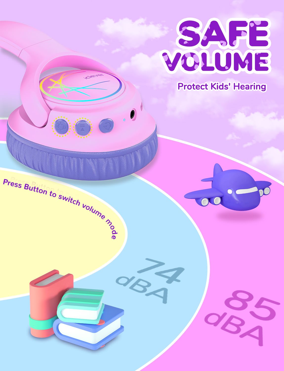 iClever Kids Bluetooth Headphones with LED Lights, BTH18 Safe Volume 74/85dBA, 43H Playtime, Bluetooth5.3 Kids Headphones Wireless Aux Cord for iPad/Tablet/Travel/School, Pink/Blue