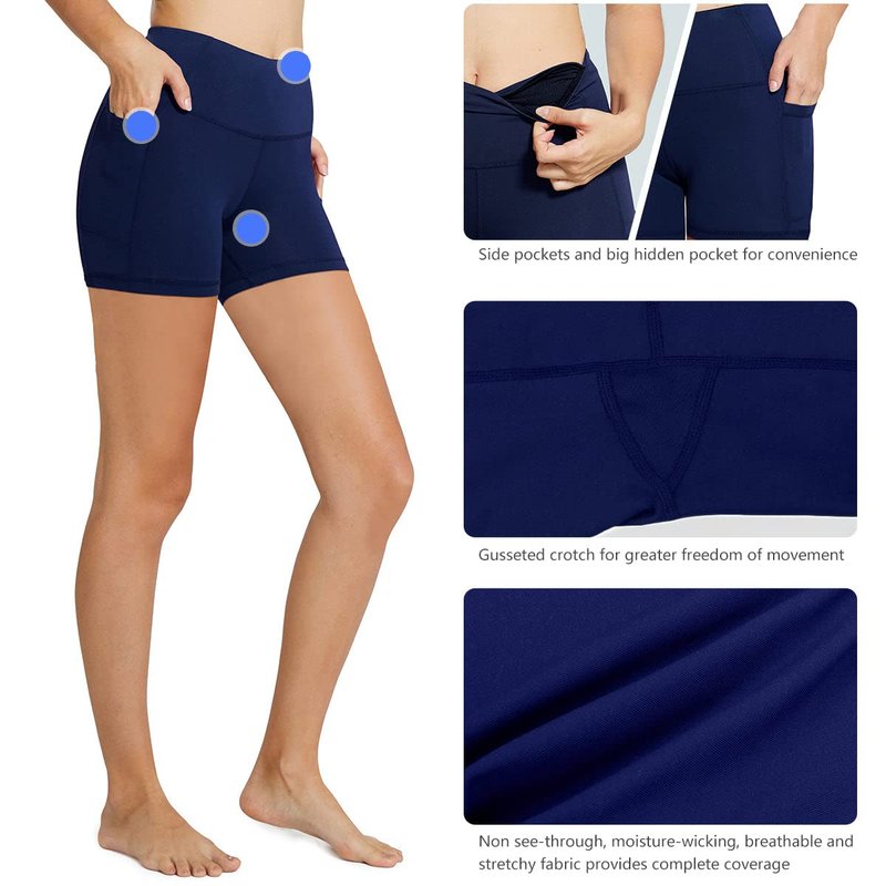 baleaf Workout Shorts Women 5" Biker Yoga Gym Spandex Running Volleyball Compression Tummy Control Short with Pockets Navy Blue XL
