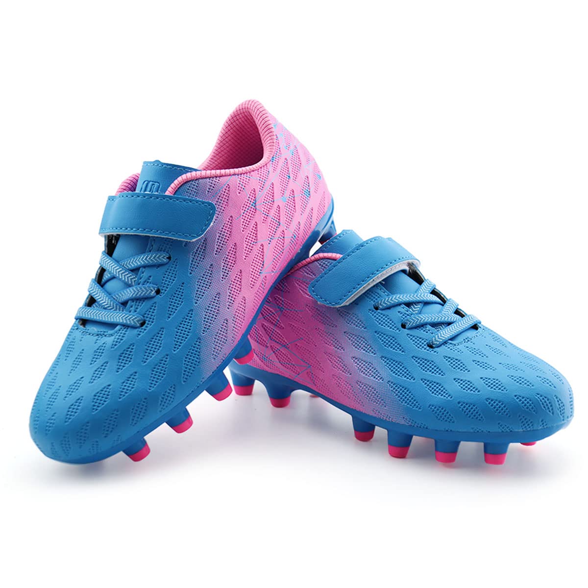 brooman Kids Firm Ground Soccer Cleats Boys Girls Athletic Outdoor Football Shoes(13,Blue Pink)