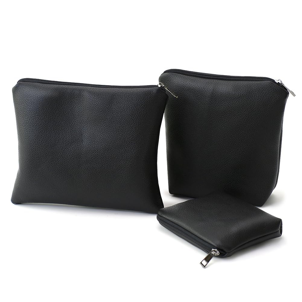 BBORGDC Small Cosmetic Bag Set of 3 for Purse, Black PVC Leather Cosmetic Pouches, 3 Sizes Zipper Organizer for Travel & Toiletries, Daily Bag Organizer, Gift for Women
