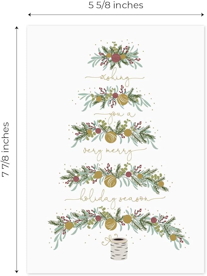 Between The Branches Gold Foil Holiday Cards / 16 Boxed Christmas Cards With Foil Lined Envelopes / 5 5/8" x 7 7/8" Folded Seasonal Winter Tree Greeting Cards With Inside Verse