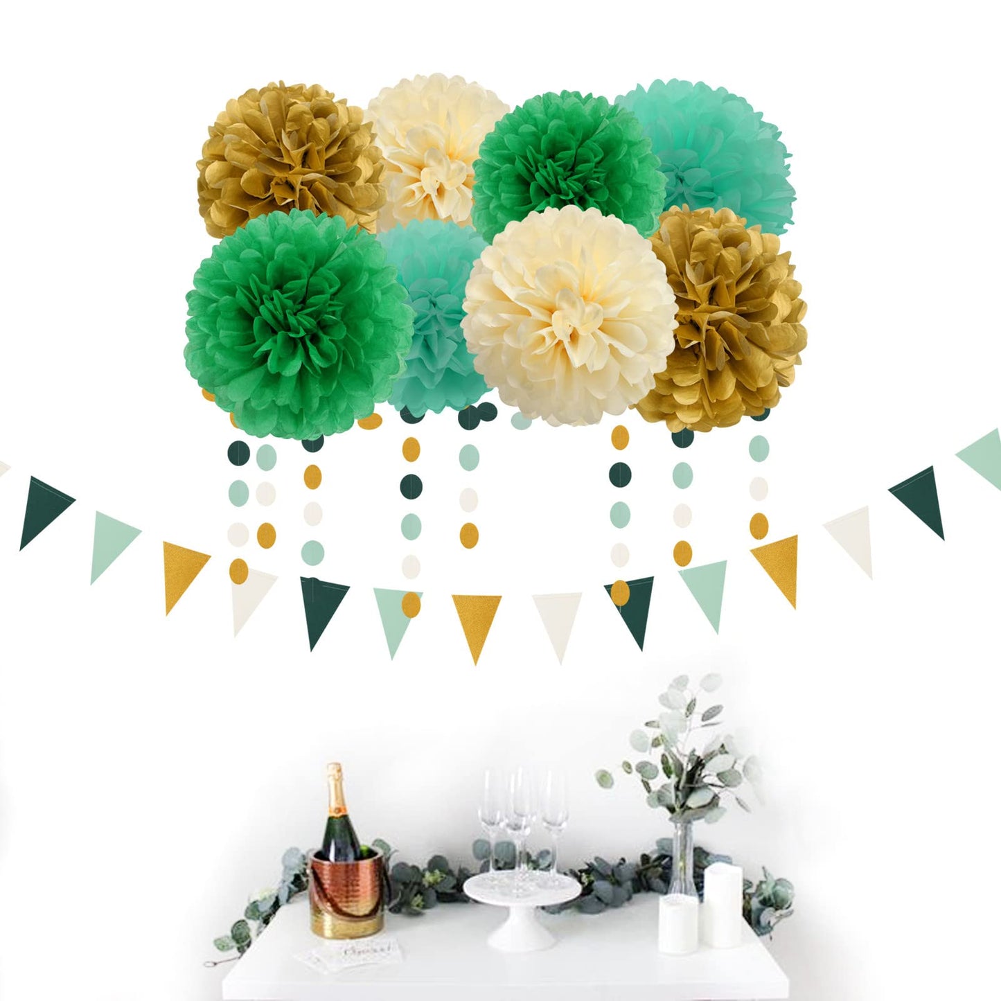 Sage-Green Beige-Gold Baby Bridal-Shower Decorations - 30pcs Rustic Wedding Tissue Pom Poms,Tassel Garland Banner,Birthday Gender Reveal Bachelorette Engagement Party Decor Bunting Lasting Surprise