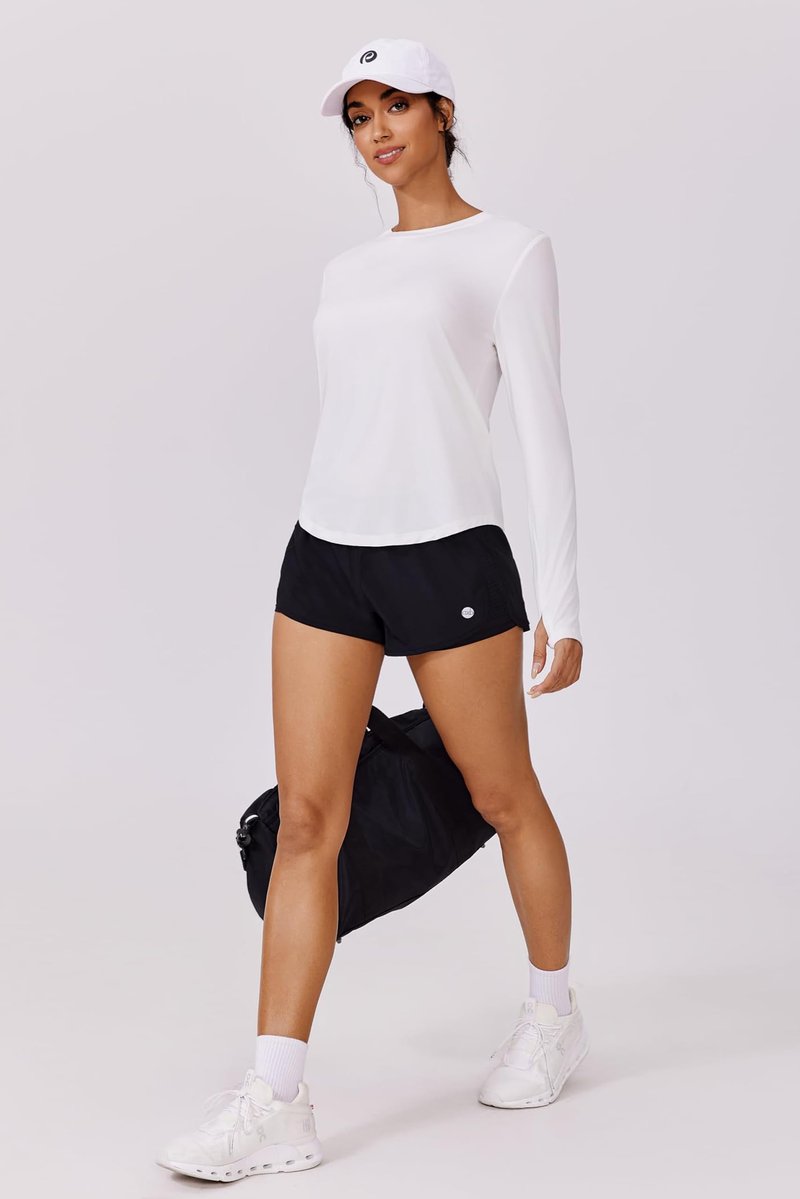 PINSPARK Long Sleeve Workout Tops for Women Soft UV Protection Shirts with Thumb Holes Rash Guard Garden Hiking Gym Running Shirts,White Medium