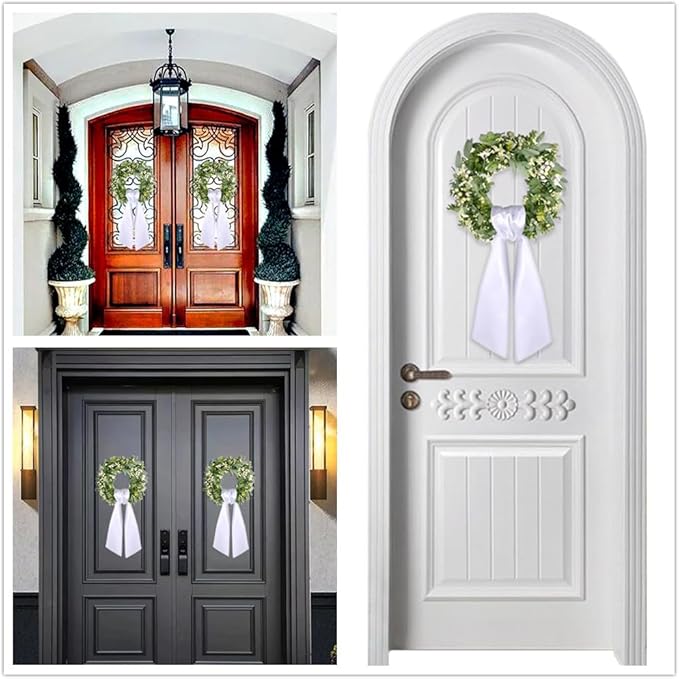 Spring Wreaths for Front Door 18" Eucalyptus Wreath and 56" x 4.5" Sash Decor Green Leaves Decorations Outside
