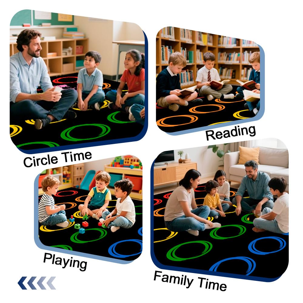 MAISONRINA Classroom Rugs Elementary with Colorful Circle, Large Classroom Rug for Preschool Nursery Daycare, Educational Kids Carpet for Kindergarten, 13'x7'7'' Playmat Seats 24(Black)