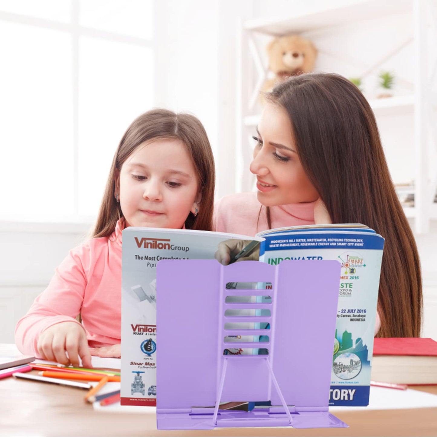 Honagu Metal Desk Book Holder, Hands Free Adjustable Cookbook & Document Holder, Portable Bookstand for Music Books, Textbooks, Recipes, Tablets & iPads (Purple)