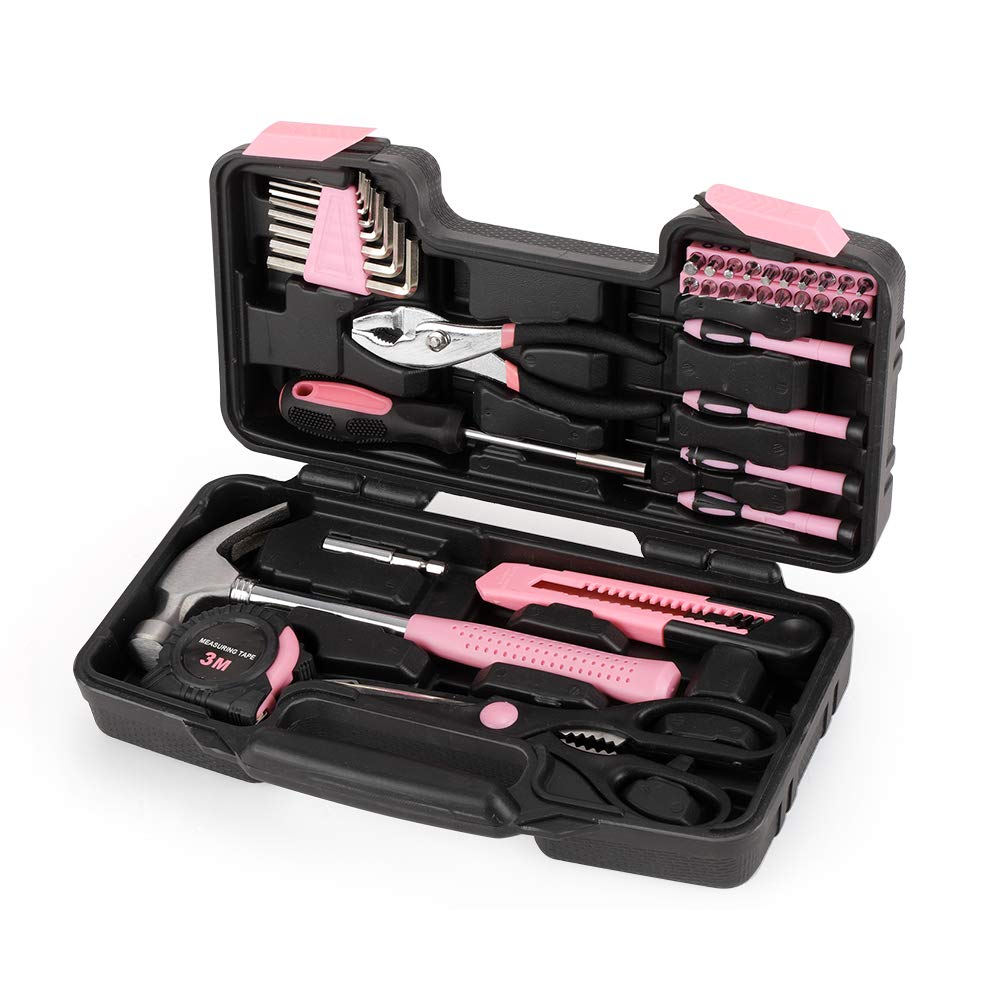 39-Piece General Tool Set-Essential Household Hand Tool Kit with Portable Toolbox Storage Case(Pink)