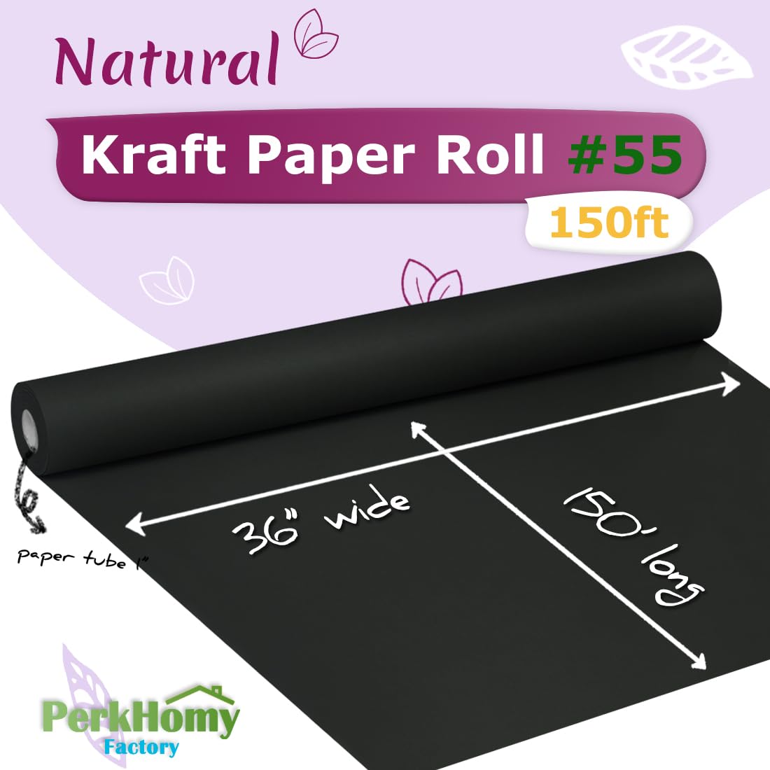 PerkHomy Black Kraft Paper Roll 36" x 1,800" (150') for Gift Wrapping Bouquet Flower Art Painting Craft Writing Packaging Shipping 80GSM 55LB (Black, 36" x 150')