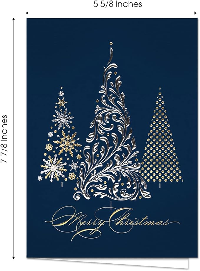 Masterpiece Metallic Christmas 3 Foil Trees Cards / 16 Boxed Winter Holiday Cards With Silver Foil Lined Envelopes / 5 5/8" x 7 7/8" Folded Merry Christmas Greeting Cards With Inside Verse