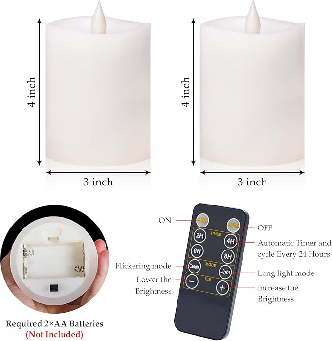 3"x4" Flickering Flameless Battery Candles with Timer, White Realistic LED Pillar Candles, Set of 2 Large Remote-Operated Candles for Home Indoor/Outdoor & Holiday Decor