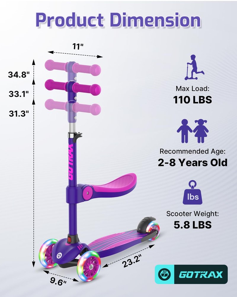 Gotrax KS3 Kids Kick Scooter, LED Lighted Wheels, Adjustable Height Handlebars and Removable Seat, Lean-to-Steer & Widen Anti-Slip Deck, 3 Wheel Scooter for kids Ages 2-8 and up to 100 Lbs (Purple)