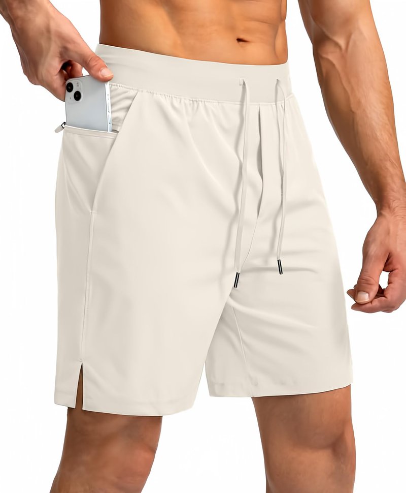 Soothfeel Men's Running Shorts with Zipper Pockets 7 Inch Lightweight Quick Dry Gym Athletic Workout Shorts for Men (Bone, S)