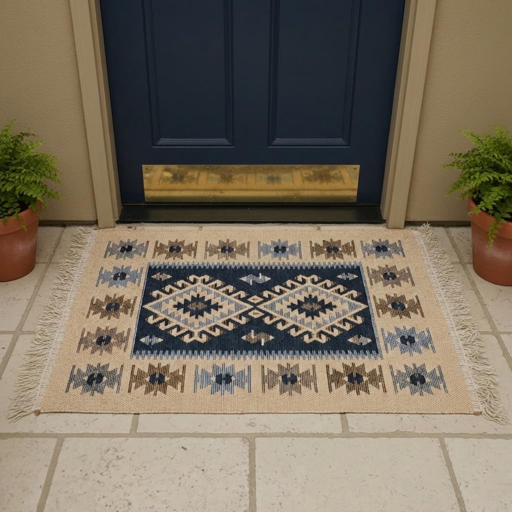 Turkish Kilim Rug, Vintage Bohemian Geometric Pattern, Blue and Beige, Reversible, Washable – Area Rug for Living Room, Hallway or Entryway, 2' x 4'1"