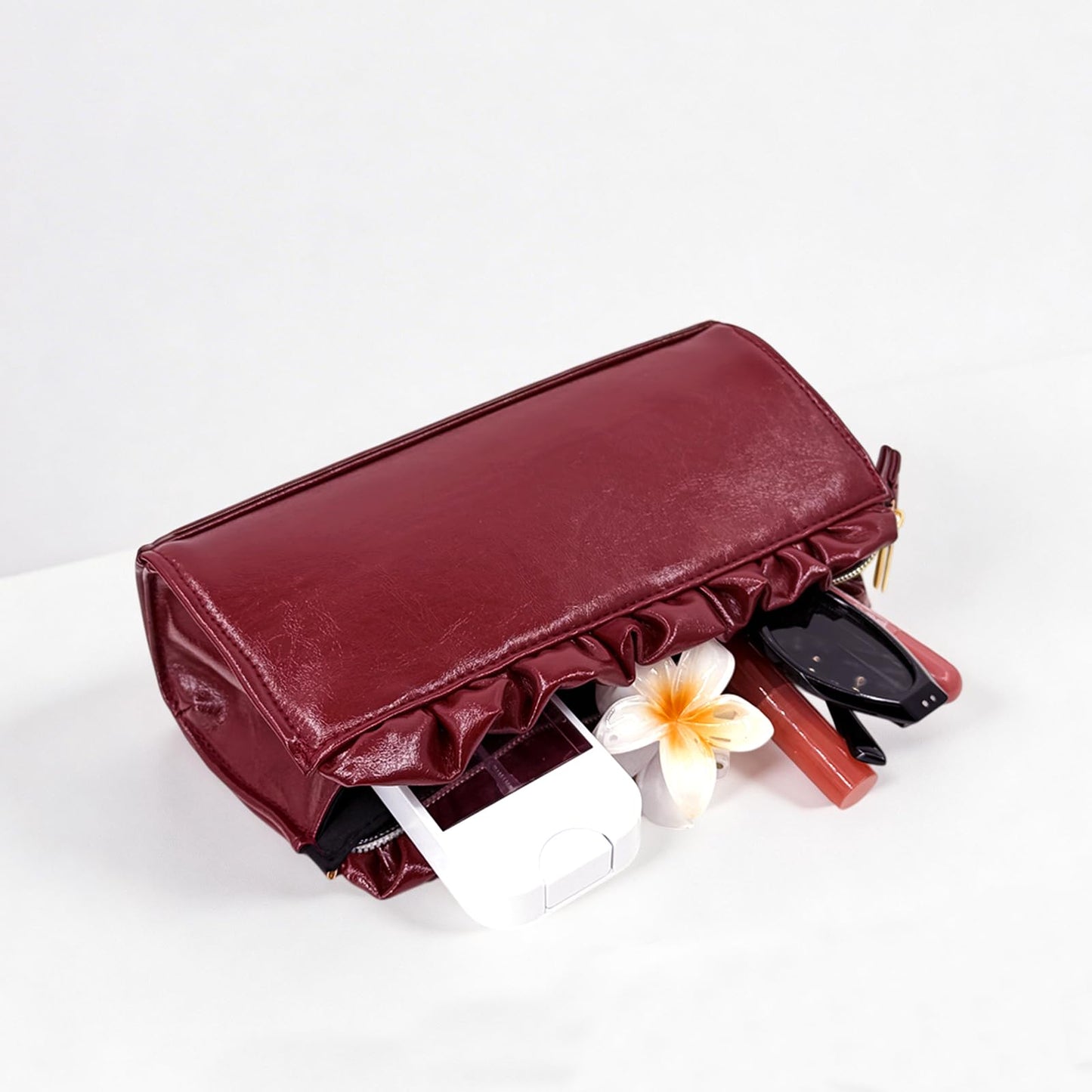 Stizimn Burgundy & Black PU Leather Ruffle Makeup Bag for Women, Waterproof Zipper Cosmetic Pouch with Spacious Interior, Travel Toiletry Organizer for Skincare Essentials (Burgundy)