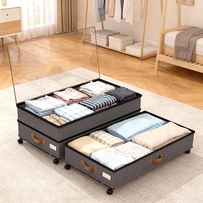 Under Bed Storage with Wheels 2-Pack, 75L XXL Under the Bed Storage Containers Large, 12" Tall Adjustable Storage for Underbed with Lids, Rolling for Clothes, Shoes, Blankets (4PCS-Grey)