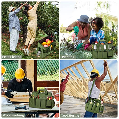 Garden Tote Bag, Gardening Tool Bag Organizer with Pockets & Handle, 900D Heavy Duty Garden Storage Bag with Long Adjustable Shoulder Strap for Tools, Green