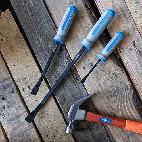NEIKO 00251A Pry Bar, 3 Piece Angled Tip Pry Bar Set, 8", 12" & 17.5" Crow Bar with Go Through Striking Cap, Textured TPR Breaker Bar Handles, Heavy Duty Black Oxide Coated Chromium Steel Small PryBar