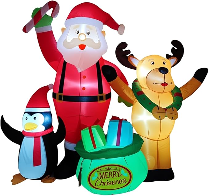 7FT Christmas Inflatables Outdoor Decorations, Blow Up Yard Decorations with Santa Claus Penguins Reindeer and Gift Bag Inflatable with LED Lights for Indoor Outdoor Yard Garden Decor