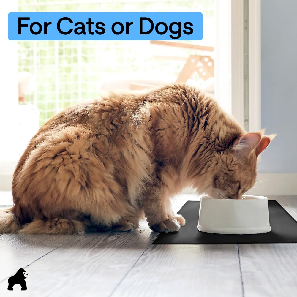 GORILLA GRIP 100% Waterproof Raised Edge BPA Free Silicone Pet Feeding Mat, Dog Cat Food Mats Contain Spills Protects Floors, Placemats for Cats and Dogs Water Bowl, Pets Accessories 18.5x11.5 Black