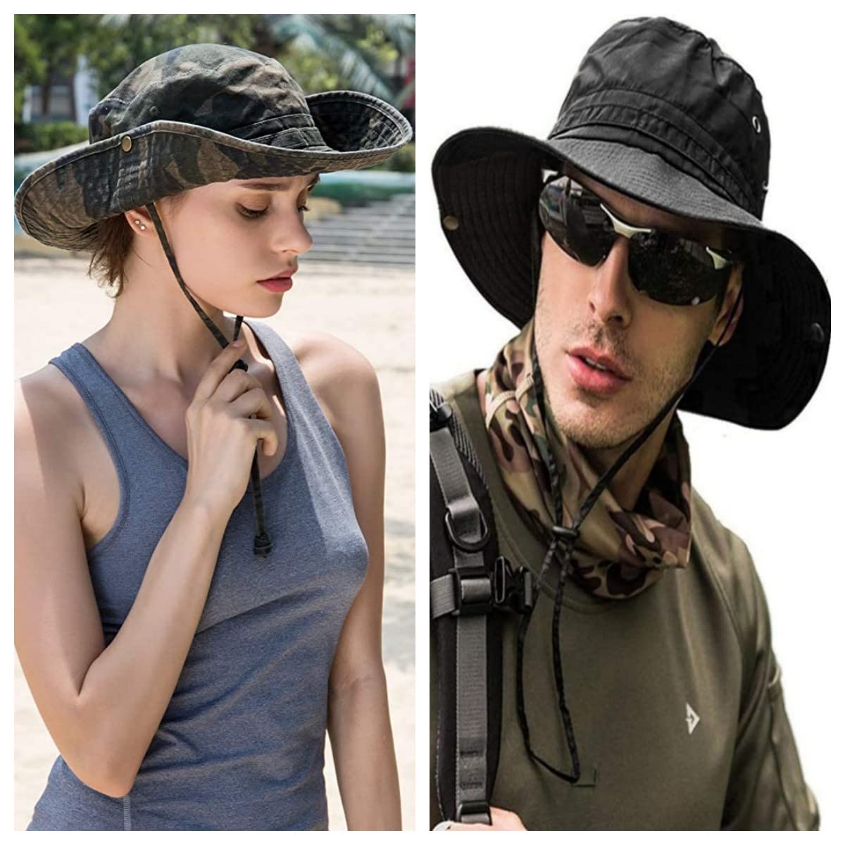 Sun Hats for Men Women Bucket Hat UPF 50+ Boonie Hat Foldable UV Protection Hiking Beach Fishing Summer Safari(2pack-Beige Digitally+Navy)