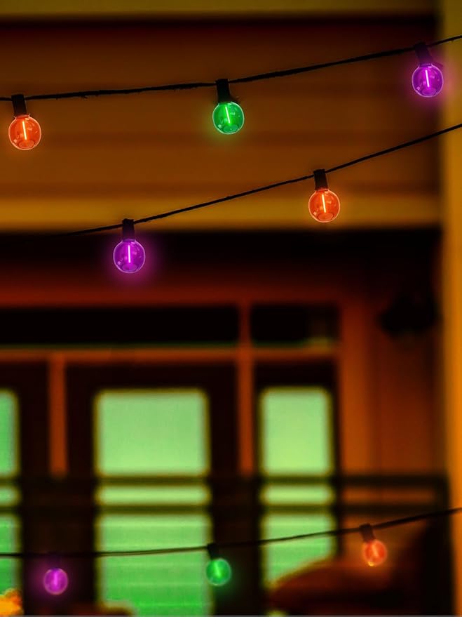 25FT G40 LED Outdoor Halloween String Lights, Orange Purple and Green Halloween Decoration Lights with 25 Globe LED Bulbs, UL Listed Hanging String Lights for Holiday Porch Garden Patio