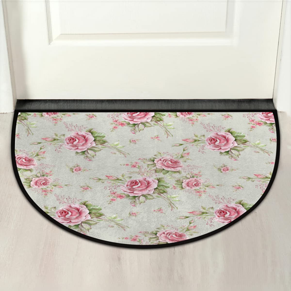 Apular 30X18 Inch Half Round Door Mat Floral Flower Rose Pattern Half Circle Rug Indoor Anti-Skid Semi Circle Doormat Entrance Floor Rug for Bathroom Kitchen Living Room Area Rugs 24 * 36in