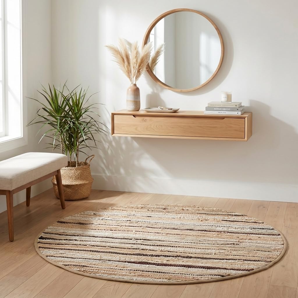 Cotton Hand Woven Chindi Area Rug 4 Feet Round - Beige, Reversible Circle Green Dinning Space Floor Rugs Ideal for Bedroom, Living Room, Kitchen | Linen Farmhouse Recycled Patio Mats for Balcony Décor