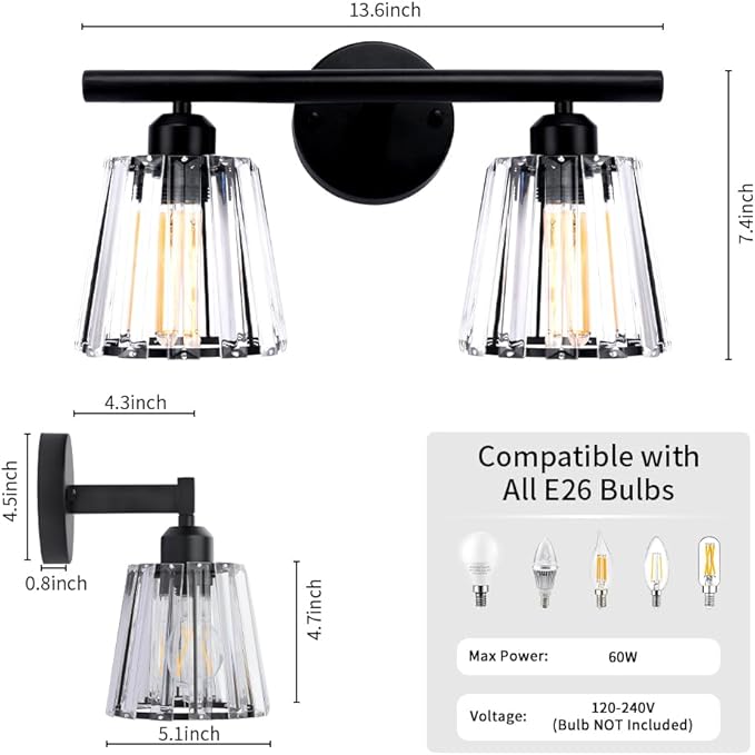 TISLYCO 2 Lights Sconces Wall Decor, Modern Vanity Light Fixture Over Mirror, Black Crystal Wall Sconce for Hallway Entryway Restroom, 2 Lights Bathroom sconces