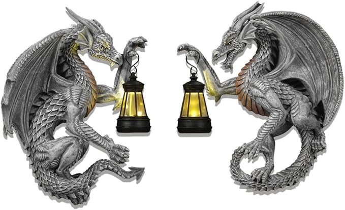 Dragon Outdoor Porch Decor Hugger with Solar Lantern Gothic, Dragon Statue Garden Lights, Gifts for Mom, Housewarming Gifts for Women, Ideal Dragon Garden Decor-Pair