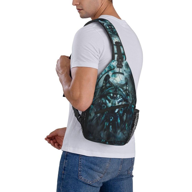 Wolf Dream Catcher Sling Backpack Chest Bag Crossbody Shoulder Bag Gym Cycling Travel Hiking Daypack For Men Women