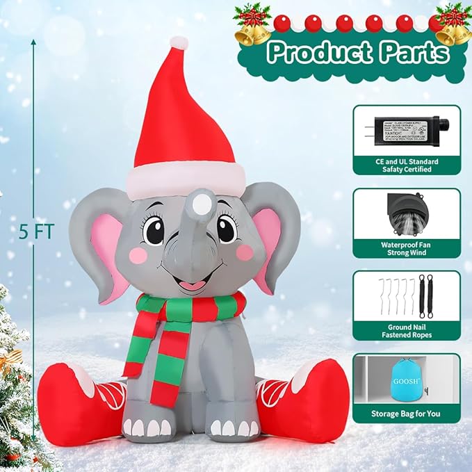 GOOSH 5 FT Christmas Inflatable Elephant Outdoor Decorations Blow Up Yard Wearing a Santa Hat with Built-in LEDs for Garden Lawn Indoor Party Decor