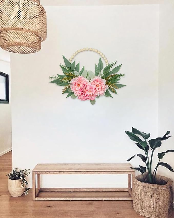Spring Wreath 10" Artificial Floral Wood Bead Eucalyptus Leaves Peony Hydrangea Wreath for Front Door Boho Farmhouse Wall Decor 2 Pack - Pink