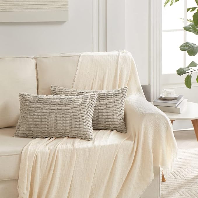 Fancy Homi Taupe Lumbar Decorative Throw Pillow Covers 12x24 Inch for Living Room Couch Bed Sofa, Rustic Farmhouse Boho Home Decor, Soft Striped Corduroy Rectangle Cushion Case 30x60 cm
