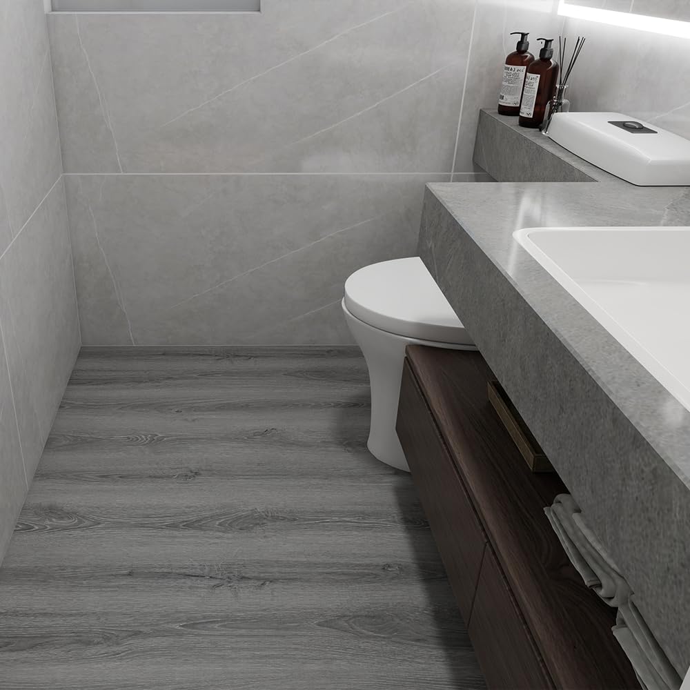 auxua Wood Grain Peel and Stick Floor Tiles – 11.8” Width, Full Roll Length of 394" – Versatile Design for Any Space, Ashline Rustic Self Adhesive Vinyl Flooring, Waterproof and Non-Slip Features