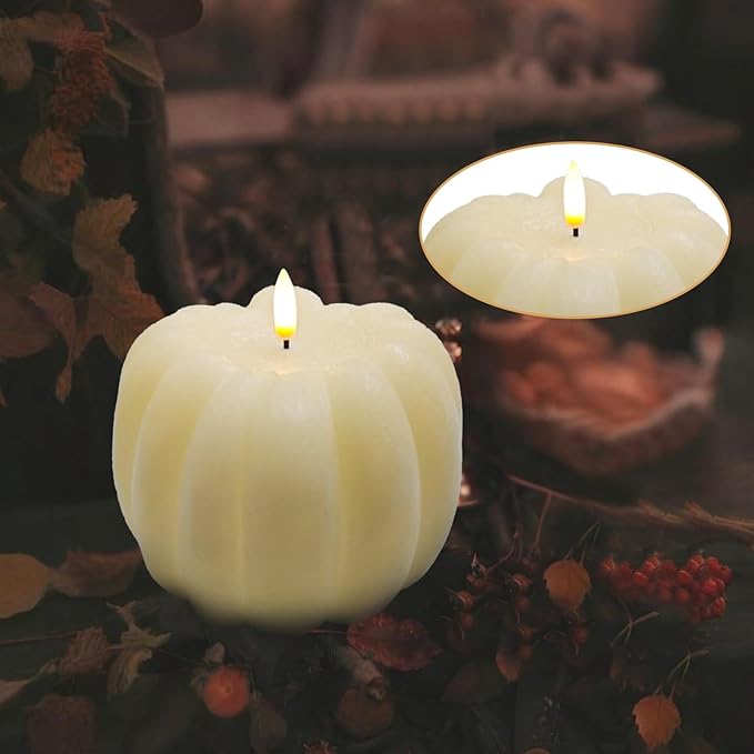 Fall Decor, Fall Decorations for Home - Flameless Pumpkin Candle with Timer Remote - Room Bedroom Table Farmhouse Decor for Halloween, Thanksgiving, White