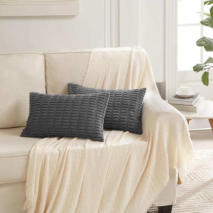 Fancy Homi Dark Grey Lumbar Decorative Throw Pillow Covers 12x24 Inch for Living Room Couch Bed Sofa, Rustic Farmhouse Boho Home Decor, Soft Striped Corduroy Rectangle Cushion Case 30x60 cm