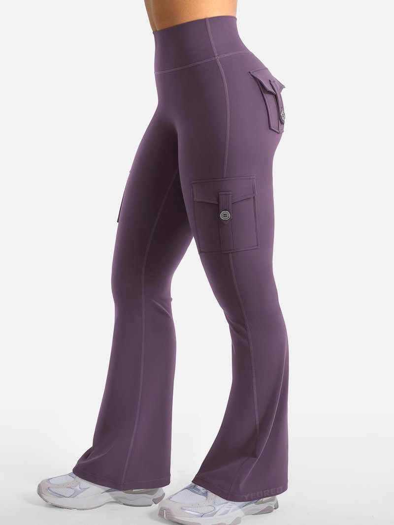 YEOREO CoreFlex Women Workout Flare Leggings with Pockets Hidden Scrunch High Waisted Cargo Gym Yoga No Front Seam Leggings Black Berry Purple S