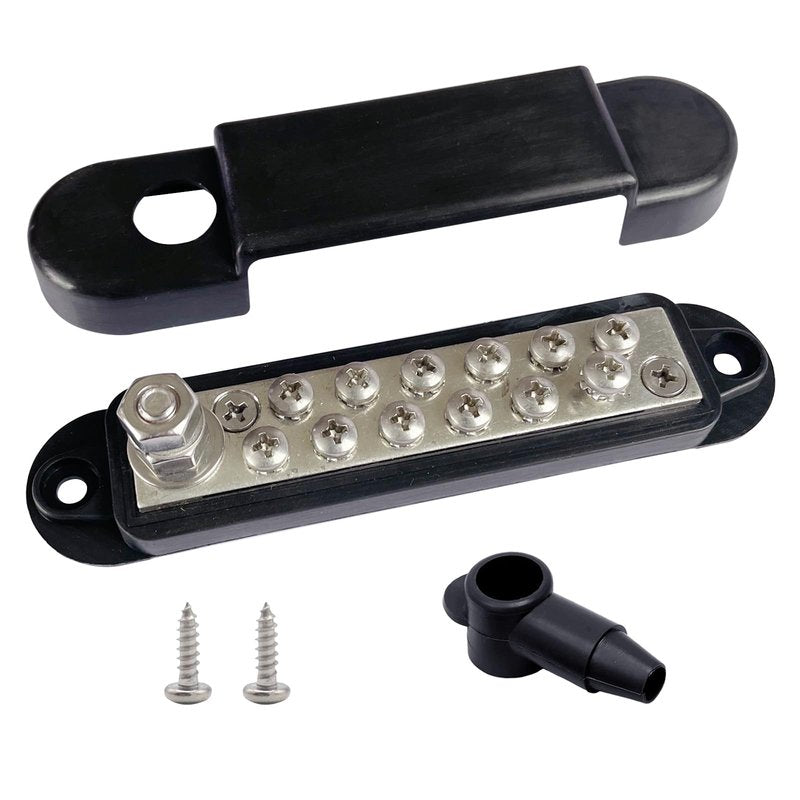 1/4" Stud Power Distribution Block Bus Bar with 12 x #8 Screws, Ampper 5.3" 12V 150A Marine BusBar Battery Distribution Block W/Cover for Car Audio Boat Solar (Black)