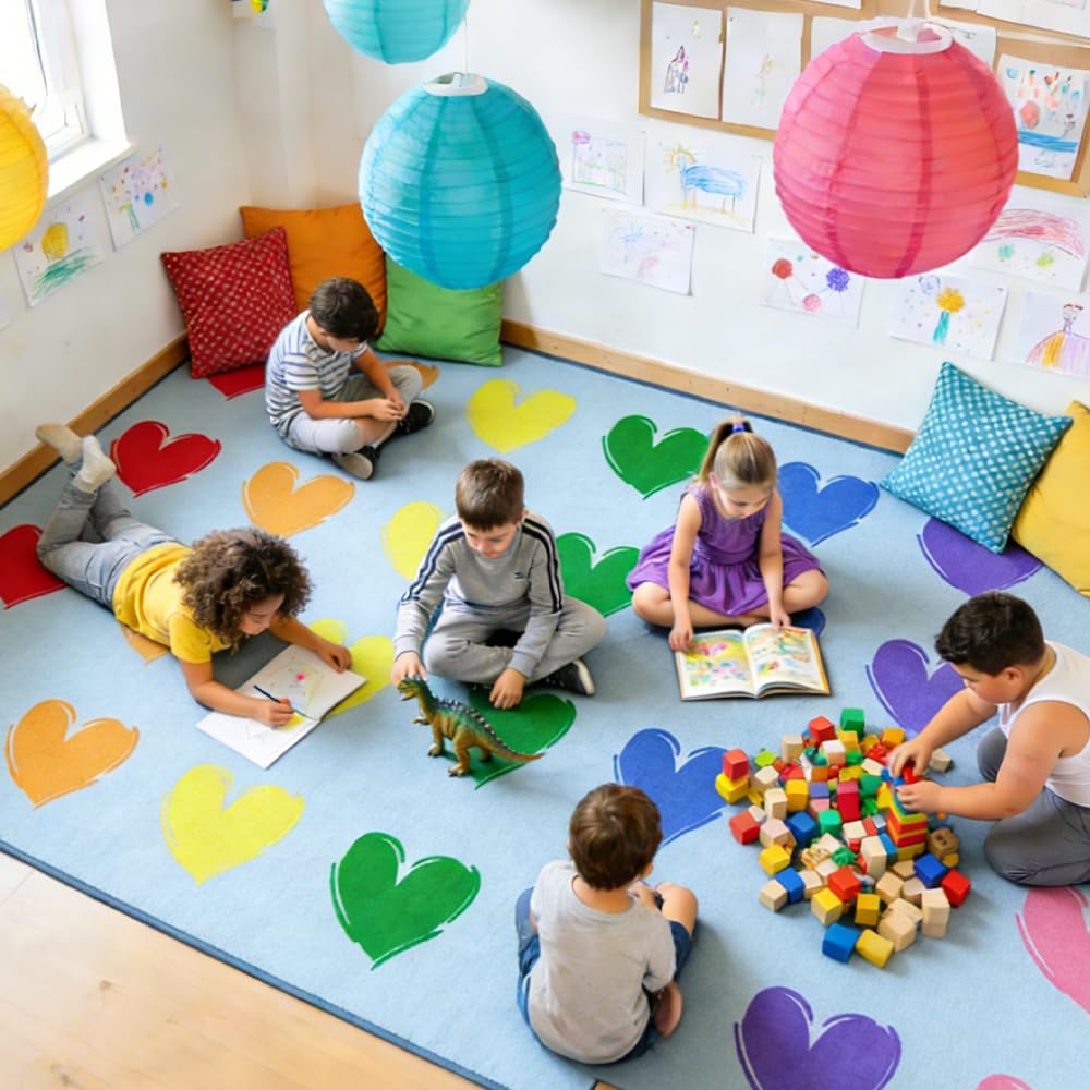 MAISONRINA Large Classroom Rugs Elementary, 13'x7'7'' Blue Hearts Classroom Rug for Kids, Circle Time Carpet Educational Rugs Area Rug Primary for Preschool Daycare Kindergarten Playroom,Seats 28