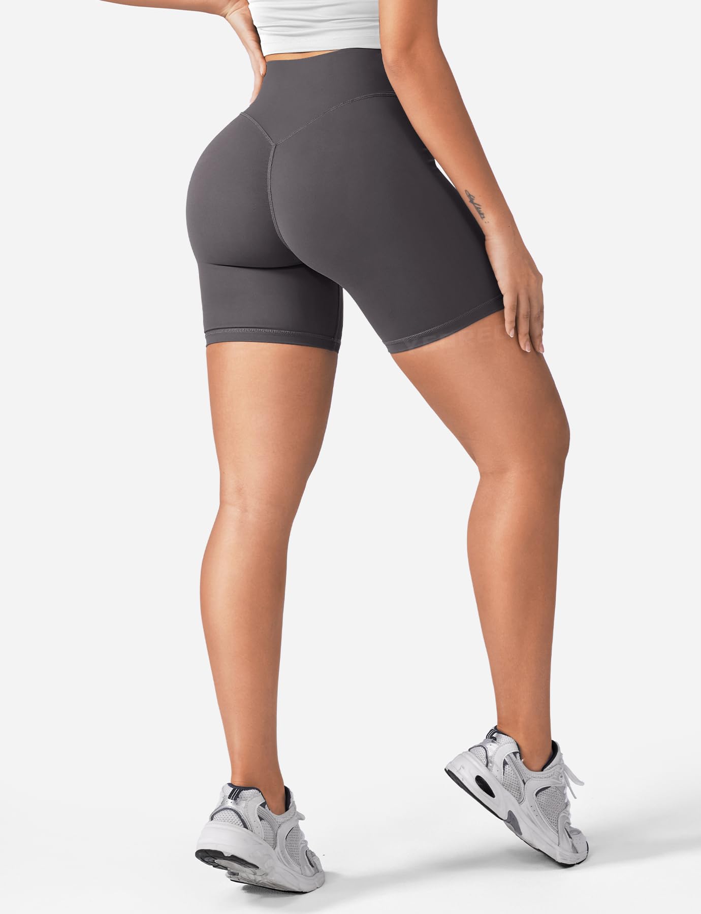 YEOREO Women's Biker Shorts 4.5" / 6" Workout Gym Shorts Craze High Waist Tummy Control Hidden Scrunch Running Yoga Dark Grey M