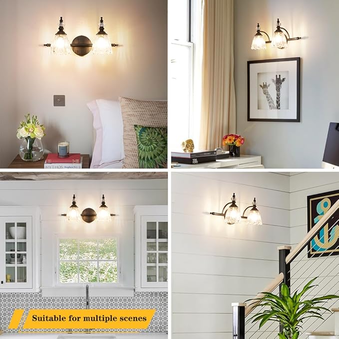Matte Black Vanity Light, Farmhouse Bathroom Light Fixtures, 2 Light Bathroom Vanity Lights, Flower Glass Shade Wall Sconce Lighting