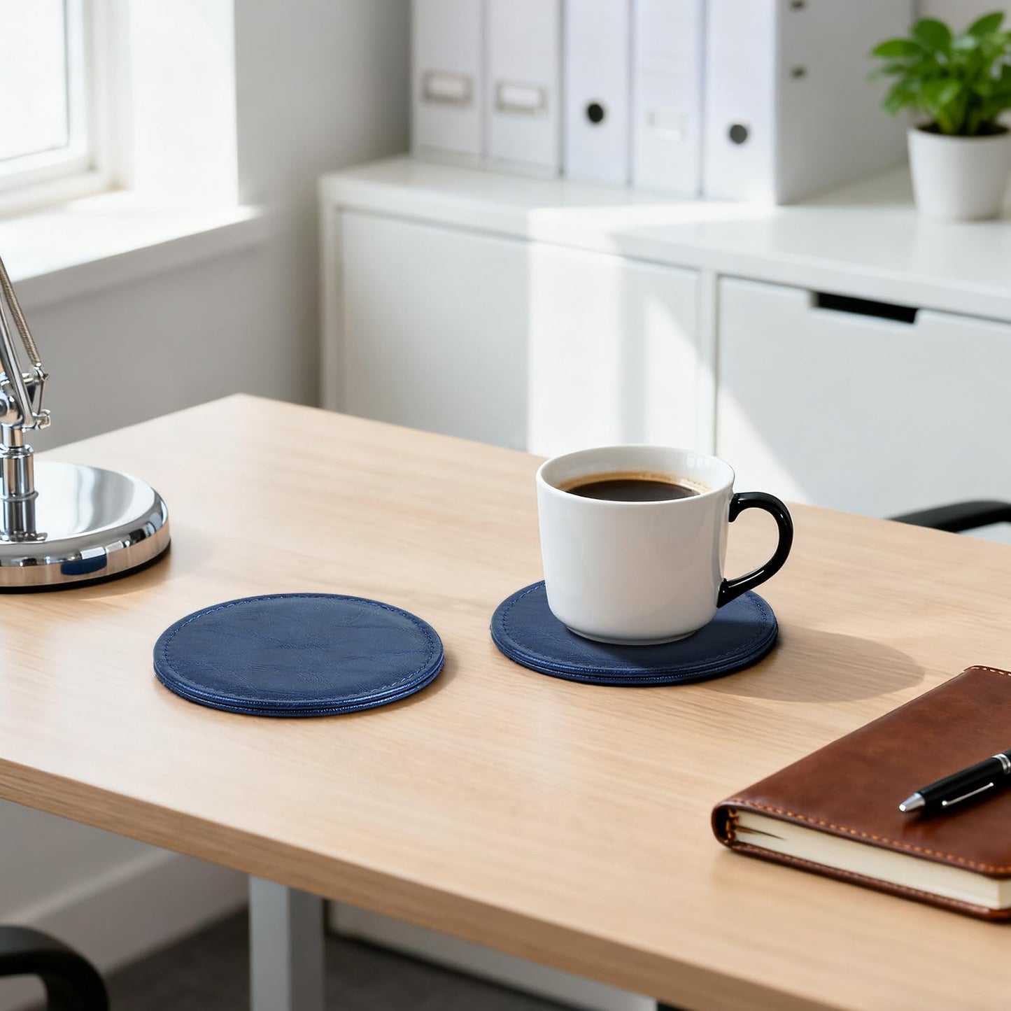 Leather Coasters Set of 6 with Holder, Tabletop Protection, Coffee Table & Bar Decoration, Modern-Style Drink Coasters Suitable for Home Dining Tables & Kitchen Accessories (Blue)
