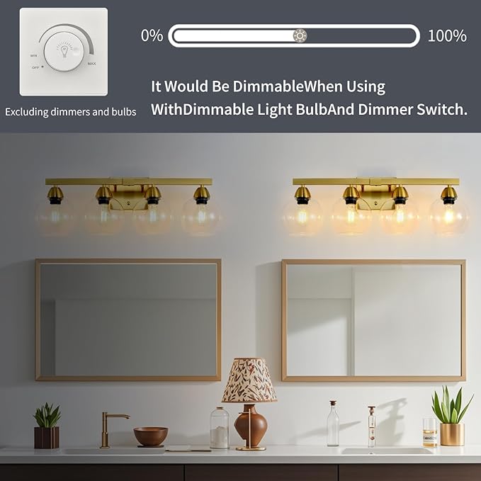4-Light Bathroom Vanity Light, Gold Wall Sconce with Premium Hand-Crafted Glass Shades, Shatter-Resistant & Few Imperfections, Ideal for Mirror, Kitchen, Living Room