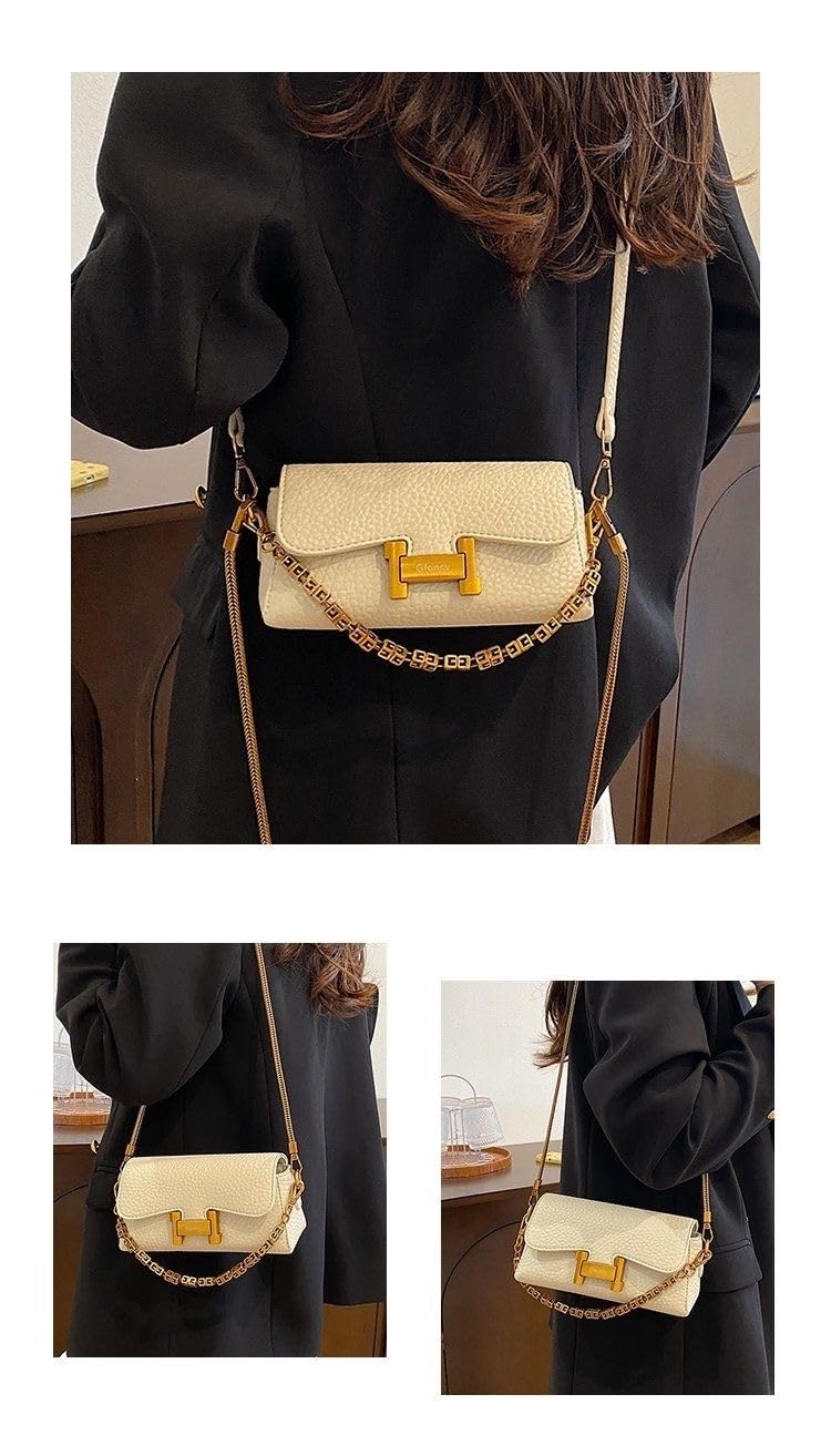 YFSYF Women's bags Designer PU Leather Crossbody Bag, Gold Chain Strap, Multi-Way Handbag, 7.9x3.9x2.8 Inches (White)