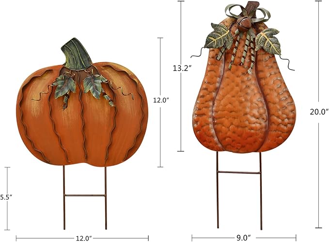 Metal Pumpkin Stakes Yard Signs Fall Decor Decorative Garden Stake Lawn Pumpkins Ornaments Outdoor Autumn Decoration for Harvest Halloween Thanksgiving (17.5" H +20" H Orange)