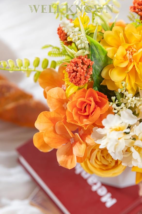 WELL KNOWN Small Fake Flowers in Plastic Vase 7" Centerpieces Coffee Table Decor, Silk Flower Arrangements for Home Decor Indoor Artificial Flower Bouquet for Dining Room Kitchen Wedding Yellow Orange
