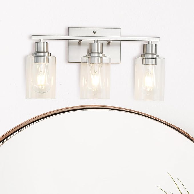 Brushed Nickel Wall Sconces,3-Lights Bathroom Vanity Light Fixtures with Clear Glass Shades, Farmhouse Modern Wall Lighting for Mirror,Bedroom,Living Room