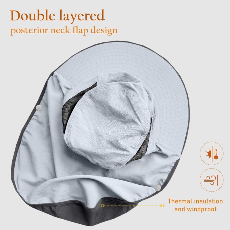 Womens Sun Hat Wide Brim UPF50+ Outdoor Sun Protection Ladies Fishing Hat with Neck Flap Detachable Face Cover (US, Alpha, One Size, Light Grey)